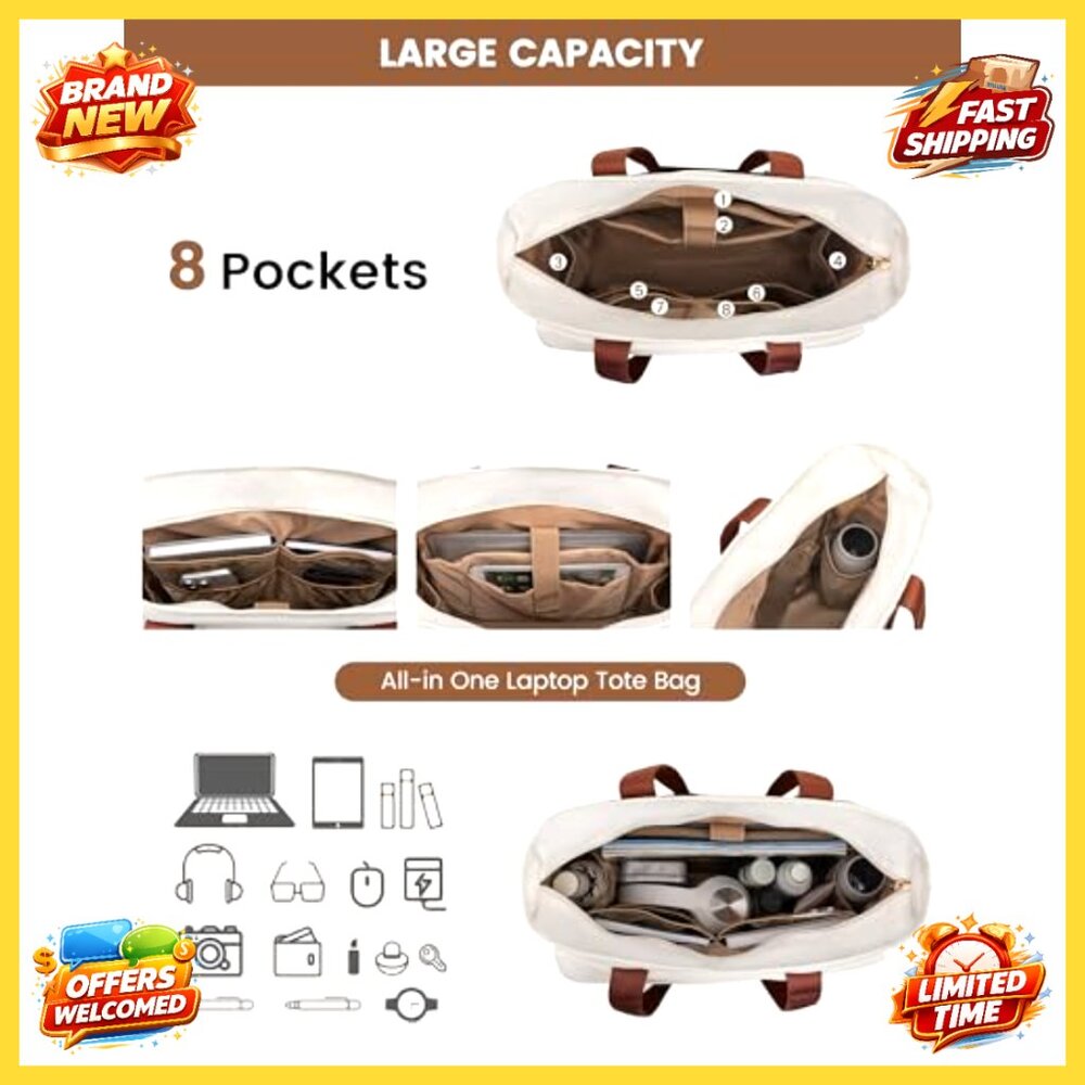 Large Capacity 15.6 Inch Laptop Tote Bag with Multiple Pockets - Picture 5 of 6